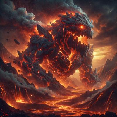 The primary subject of the image is a large, fire-breathing monster with a demonic appearance. It is situated in a fiery, volcanic environment, with a backdrop of a mountain range. The visual style of the image is a digital art or illustration, creating a dramatic and intense atmosphere. The dominant colors in the image are red, orange, and black, which contribute to the fiery and demonic mood of the scene.